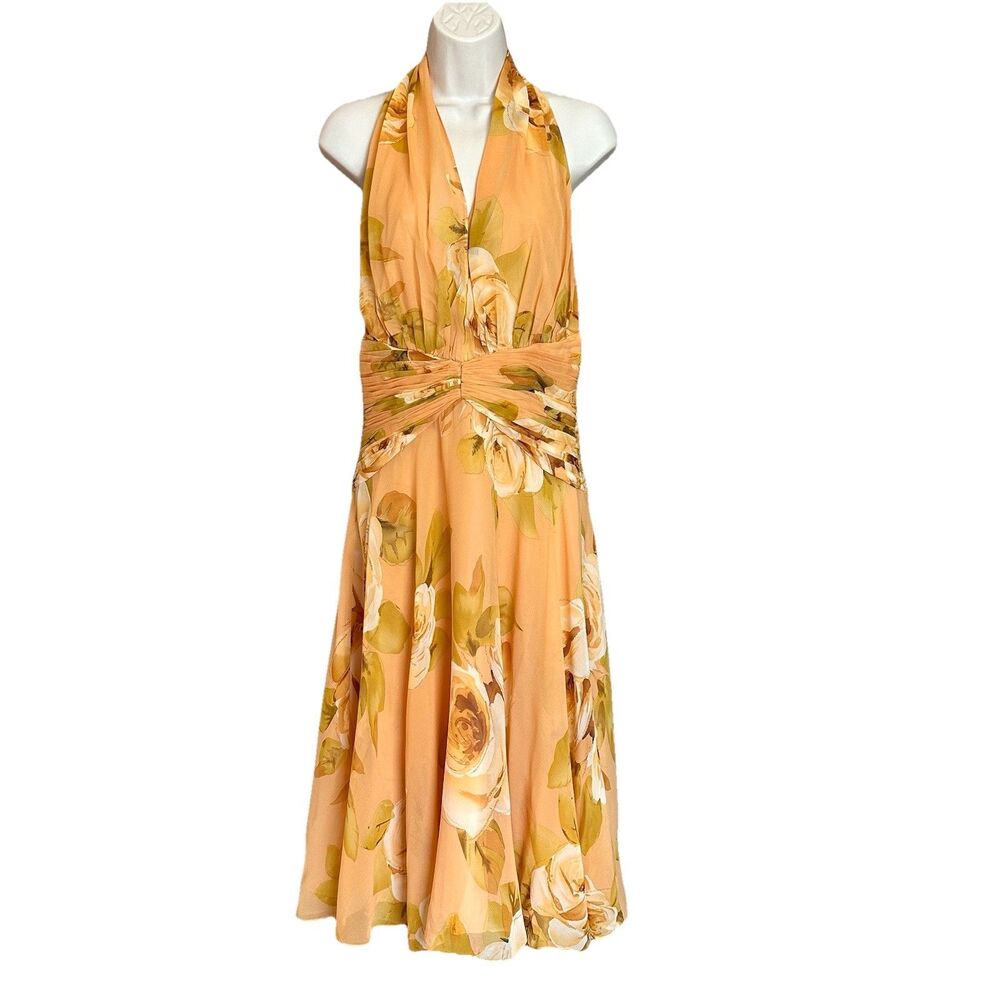 Silk Maggy London Dress 10 Midi Sleeveless Summer Floral Peach Pastel Ruching
